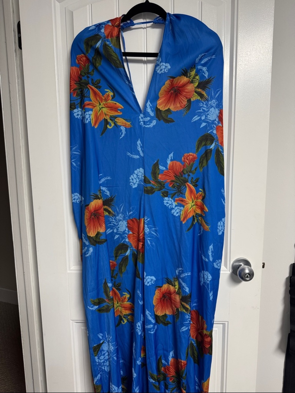 Anthropologie Blue Floral Halter Jumpsuit with Orange Flowers